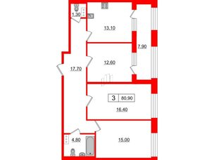 Квартира в ЖК Svetlana Park, 3 комнатная, 80.9 м², 8 этаж