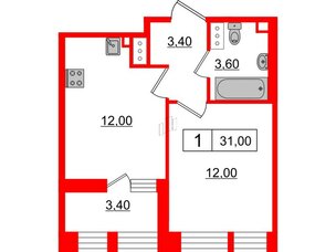 Квартира в ЖК Svetlana Park, 1 комнатная, 31 м², 5 этаж