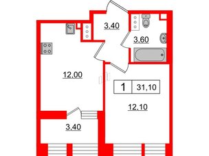 Квартира в ЖК Svetlana Park, 1 комнатная, 31.1 м², 9 этаж