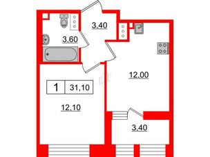 Квартира в ЖК Svetlana Park, 1 комнатная, 31.1 м², 8 этаж