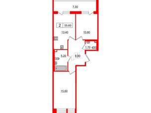 Квартира в ЖК Svetlana Park, 2 комнатная, 55.6 м², 2 этаж