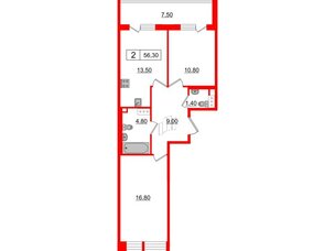 Квартира в ЖК Svetlana Park, 2 комнатная, 56.3 м², 3 этаж