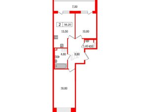 Квартира в ЖК Svetlana Park, 2 комнатная, 56.2 м², 4 этаж