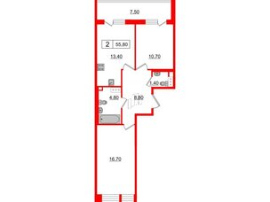 Квартира в ЖК Svetlana Park, 2 комнатная, 55.8 м², 6 этаж
