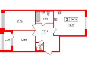 Квартира в ЖК Svetlana Park, 2 комнатная, 70.7 м², 2 этаж