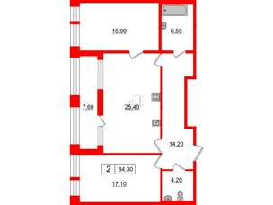 Квартира в ЖК Svetlana Park, 2 комнатная, 84.3 м², 2 этаж