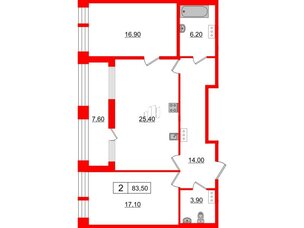 Квартира в ЖК Svetlana Park, 2 комнатная, 83.5 м², 3 этаж