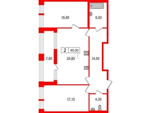 Квартира в ЖК Svetlana Park, 2 комнатная, 85 м², 2 этаж