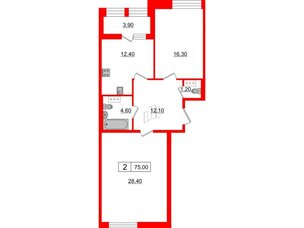 Квартира в ЖК Svetlana Park, 2 комнатная, 75 м², 9 этаж