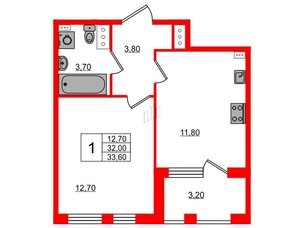Квартира в ЖК Svetlana Park, 1 комнатная, 30.8 м², 4 этаж