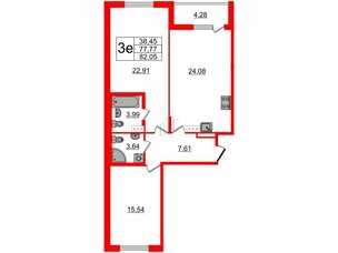 Квартира в ЖК «Черная Речка», 2 комнатная, 79.6 м², 9 этаж