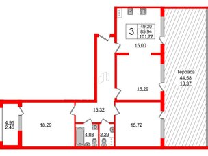 Квартира в ЖК PROMENADE, 3 комнатная, 101.77 м², 13 этаж