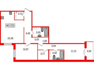 Квартира в ЖК «Новое Горелово», 2 комнатная, 81.89 м², 6 этаж