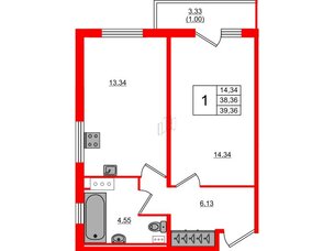 Квартира в ЖК Лампо, 1 комнатная, 38.4 м², 4 этаж