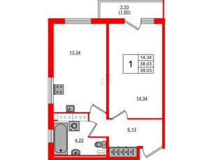 Квартира в ЖК Лампо, 1 комнатная, 38.2 м², 16 этаж