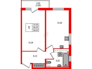 Квартира в ЖК Лампо, 1 комнатная, 38.1 м², 11 этаж