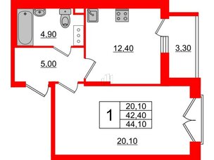 Квартира в ЖК Квартал Che, 1 комнатная, 44.4 м², 7 этаж