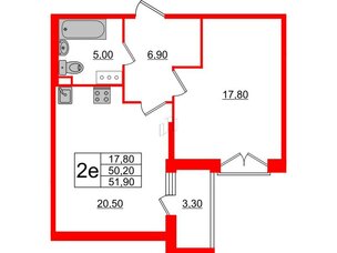 Квартира в ЖК Квартал Che, 1 комнатная, 51.7 м², 6 этаж