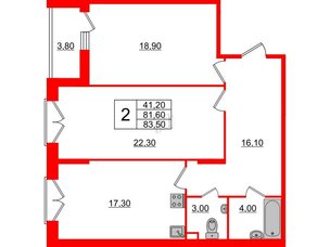Квартира в ЖК Квартал Che, 2 комнатная, 83.7 м², 2 этаж