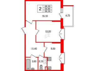 Квартира в ЖК Квартал Che, 2 комнатная, 56.4 м², 6 этаж