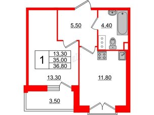 Квартира в ЖК Квартал Che, 1 комнатная, 36.8 м², 5 этаж