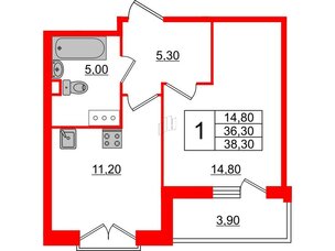 Квартира в ЖК Квартал Che, 1 комнатная, 38.7 м², 6 этаж