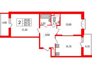 Квартира в ЖК Квартал Che, 2 комнатная, 63.6 м², 6 этаж