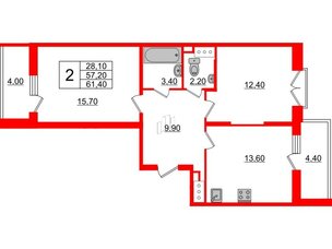 Квартира в ЖК Квартал Che, 2 комнатная, 62.3 м², 7 этаж