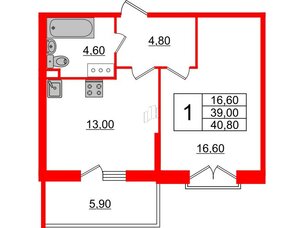 Квартира в ЖК Квартал Che, 1 комнатная, 40.8 м², 7 этаж