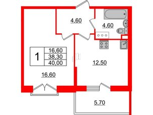 Квартира в ЖК Квартал Che, 1 комнатная, 40 м², 7 этаж