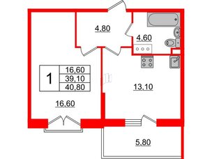 Квартира в ЖК Квартал Che, 1 комнатная, 41.3 м², 4 этаж