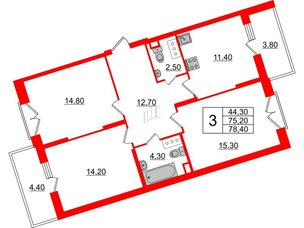 Квартира в ЖК Квартал Che, 3 комнатная, 78.5 м², 3 этаж