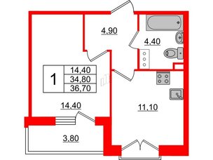 Квартира в ЖК Квартал Che, 1 комнатная, 37 м², 6 этаж