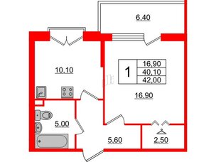 Квартира в ЖК Квартал Che, 1 комнатная, 42.1 м², 2 этаж
