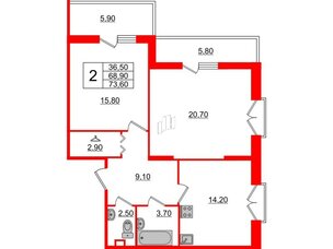 Квартира в ЖК Квартал Che, 2 комнатная, 73.3 м², 2 этаж