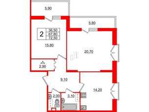 Квартира в ЖК Квартал Che, 2 комнатная, 72.7 м², 4 этаж