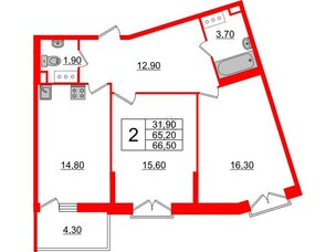 Квартира в ЖК Квартал Che, 2 комнатная, 67.5 м², 6 этаж