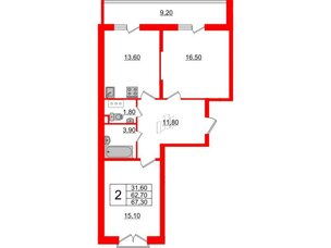 Квартира в ЖК Квартал Che, 2 комнатная, 67.9 м², 4 этаж