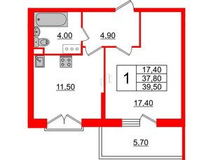 Квартира в ЖК Квартал Che, 1 комнатная, 40.4 м², 5 этаж