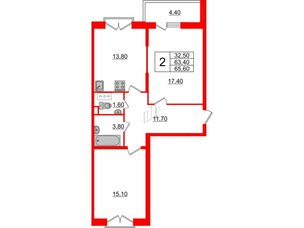 Квартира в ЖК Квартал Che, 2 комнатная, 66.7 м², 7 этаж