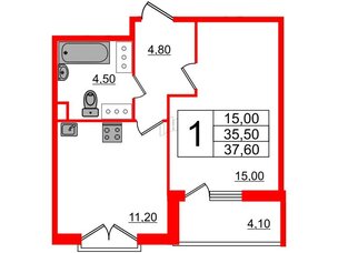 Квартира в ЖК Квартал Che, 1 комнатная, 37.6 м², 7 этаж