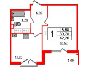 Квартира в ЖК Квартал Che, 1 комнатная, 42.1 м², 2 этаж