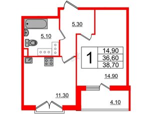 Квартира в ЖК Квартал Che, 1 комнатная, 38.9 м², 4 этаж