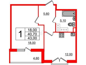 Квартира в ЖК Квартал Che, 1 комнатная, 43.2 м², 3 этаж