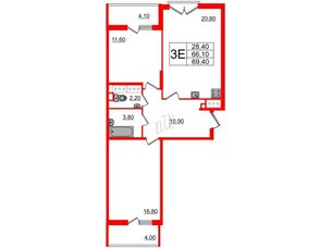 Квартира в ЖК Квартал Che, 2 комнатная, 69.3 м², 9 этаж