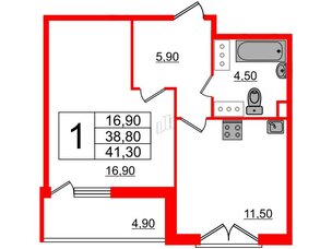 Квартира в ЖК Квартал Che, 1 комнатная, 41.5 м², 2 этаж