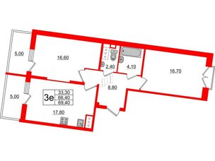 Квартира в ЖК Квартал Che, 2 комнатная, 69.6 м², 3 этаж