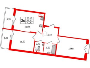 Квартира в ЖК Квартал Che, 2 комнатная, 72.9 м², 3 этаж