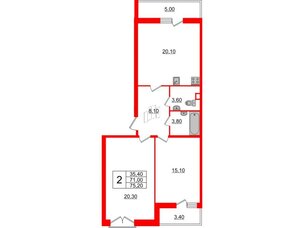 Квартира в ЖК Квартал Che, 2 комнатная, 77.2 м², 2 этаж