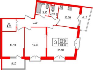 Квартира в ЖК Квартал Che, 3 комнатная, 83.8 м², 2 этаж